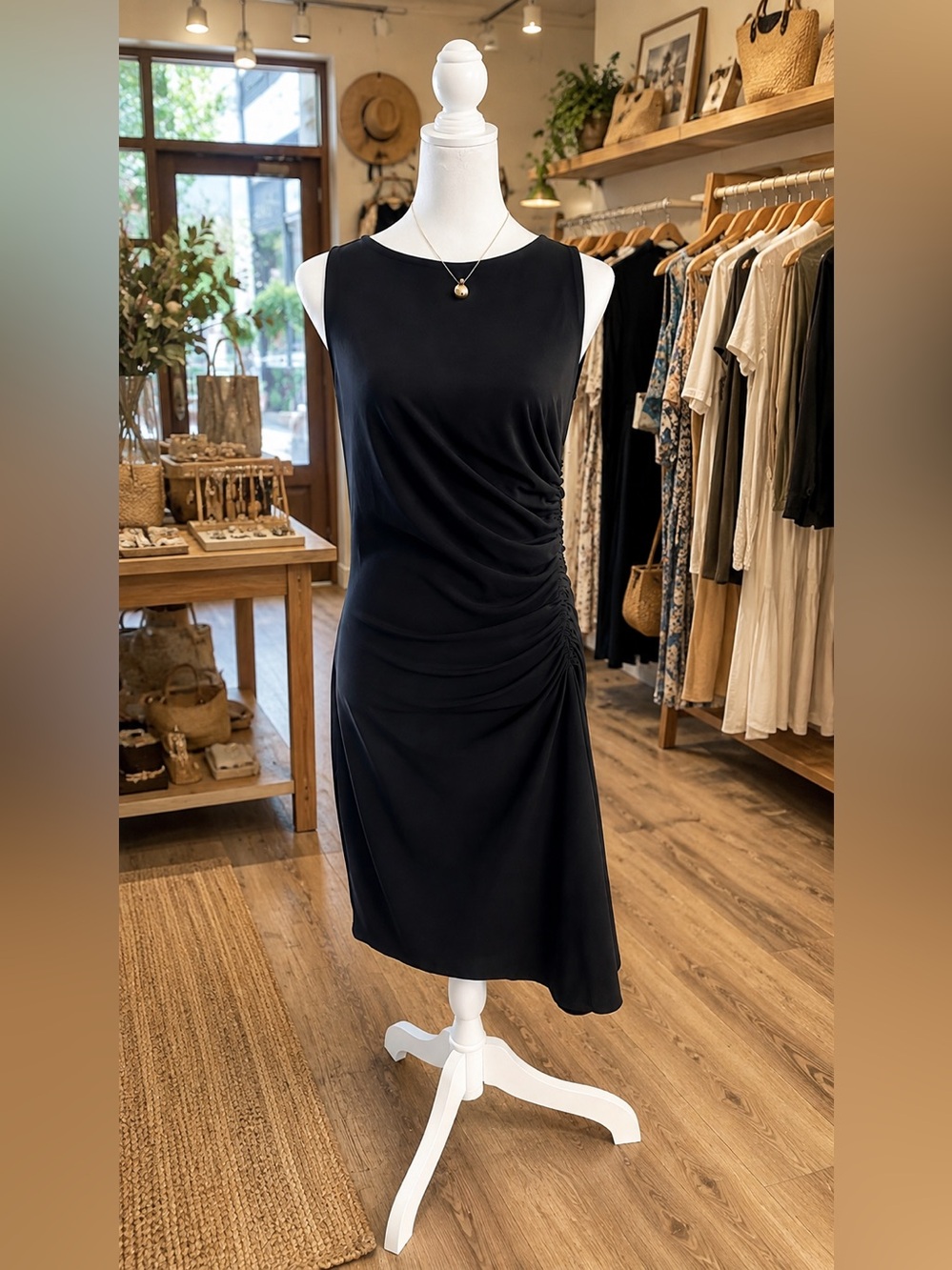 LOFT Black Sleeveless Side-Ruched Sheath Dress